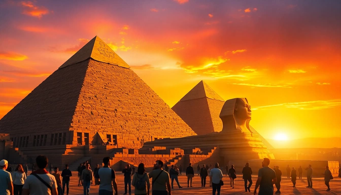 Piraminds illuminating against a sunset backdrop, showcasing ancient Egyptian architecture.