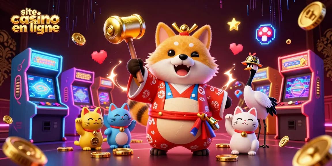 Jouez sur un site casino en ligne avec une illustration de tanuki chanceux et des maneki-neko.