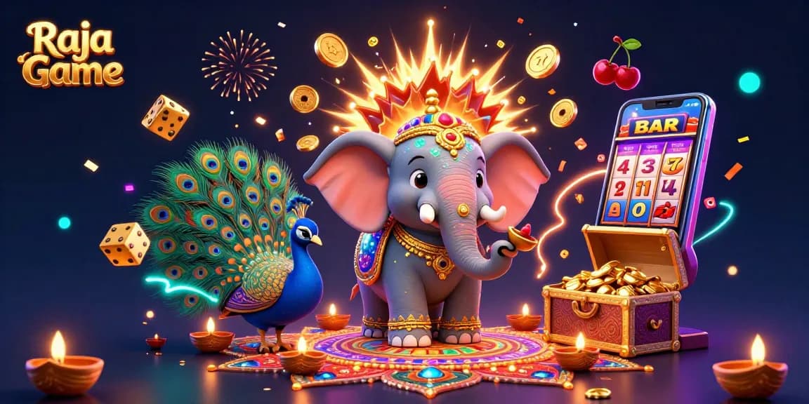 Experience the excitement of Raja Game with vibrant illustrations of a festive elephant and peacock amid dynamic gambling visuals.
