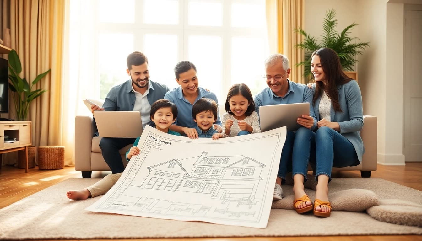 Happy family in their new home discussing home warranty for new homeowners.