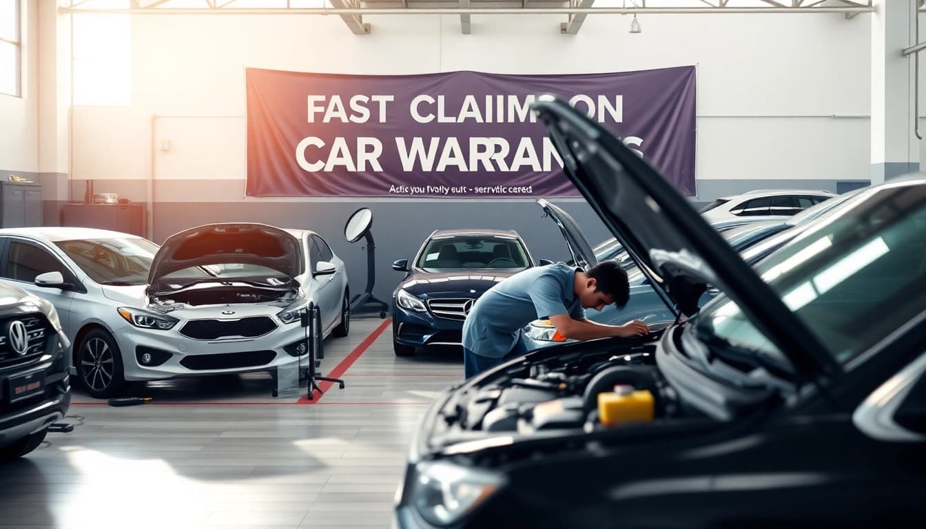 Car warranty with fast claims service illustrated in a professional auto service center.