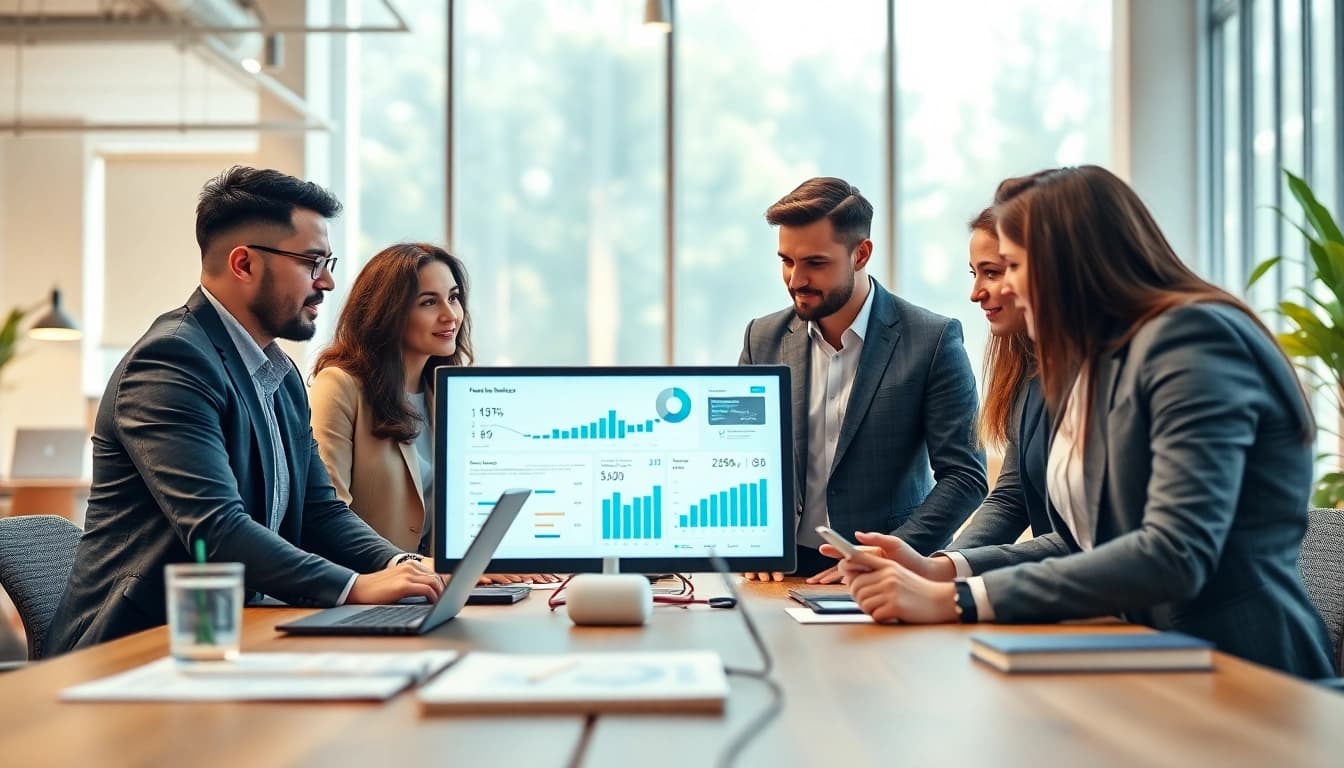 Engaging sales professionals collaborating to hire reps by industry in a modern office setting.