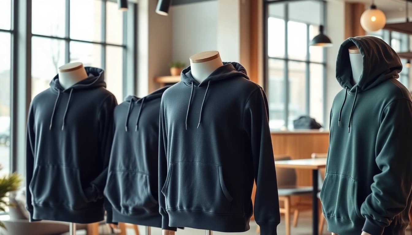 Showcasing plain hoodies displayed in an inviting urban café setting.