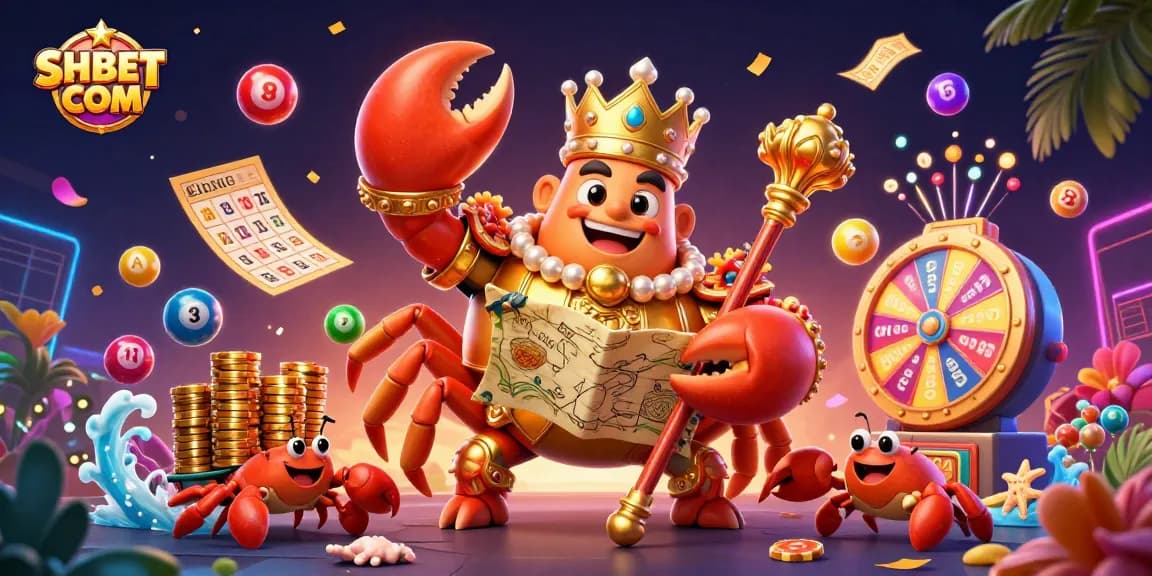 Engage with exciting games at SHBET COM featuring a golden crab emperor, vibrant lottery balls, and dynamic gaming elements.