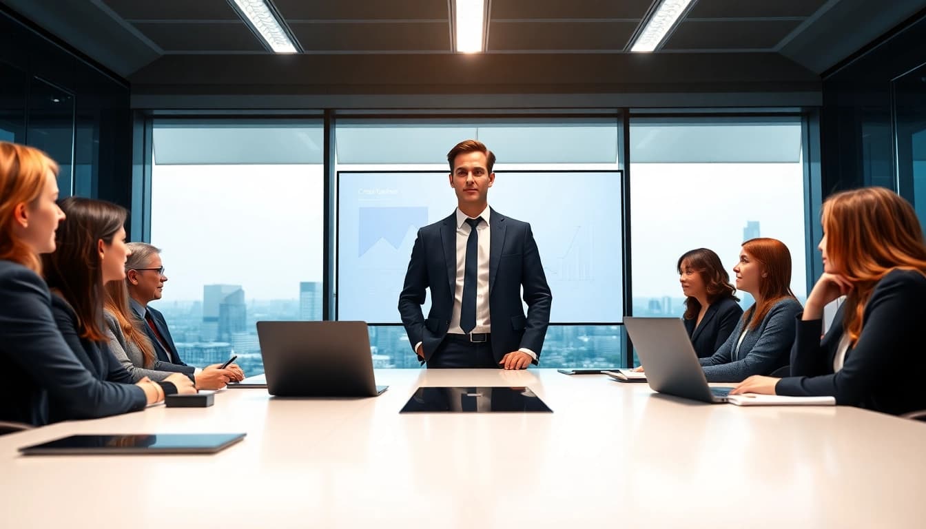Crisis management consultant leads engaging discussions in a modern office setting.