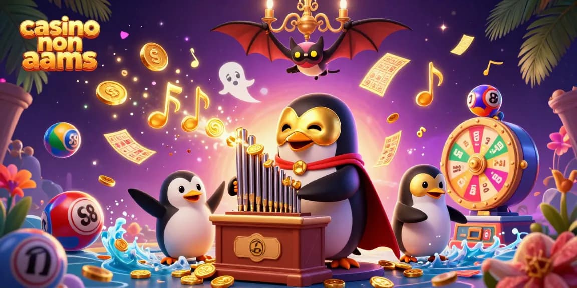 Gioca nei casino non AAMS con un pinguino fantasma che suona un organo d'oro tra migliaia di sfere colorate.