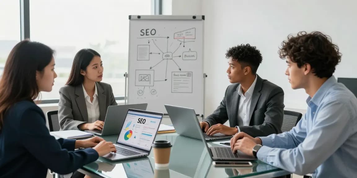 Team collaborating on SEO backlink services strategies in a bright office