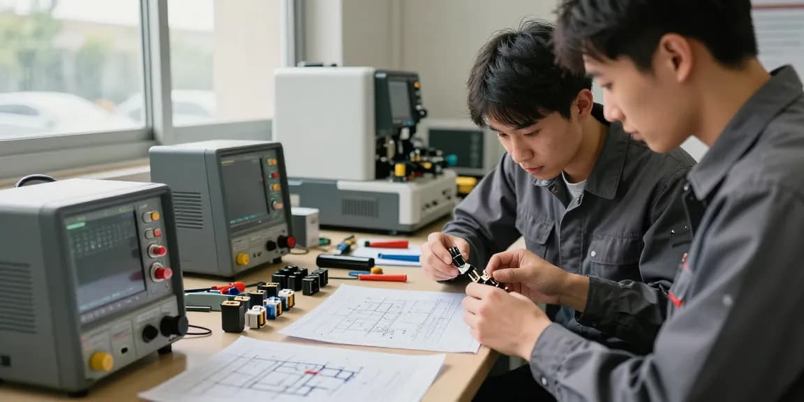 Engineer assembling automotive connectors in a well-lit workspace with tools and components.
