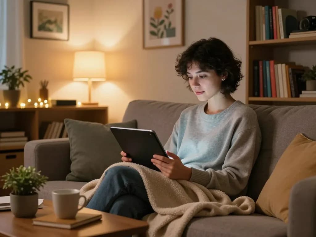 Engaging moment with an AI girlfriend chatbot on a sleek tablet in a cozy living room.