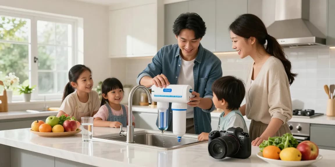 Family installing the Waterdrop AP117 Whole House Water Filter in a bright kitchen, emphasizing health and cleanliness.