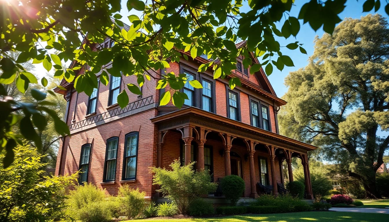 Showcasing the Winchester Foursquare Revival's elegant architecture amidst a lush garden.