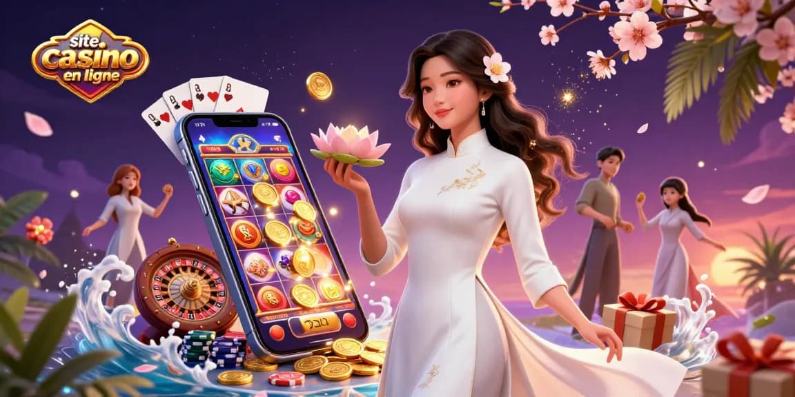 Participez à des jeux de machines à sous enrichissants sur un site casino en ligne vibrant mettant en scène un personnage élégant au milieu d'éléments de casino dynamiques.