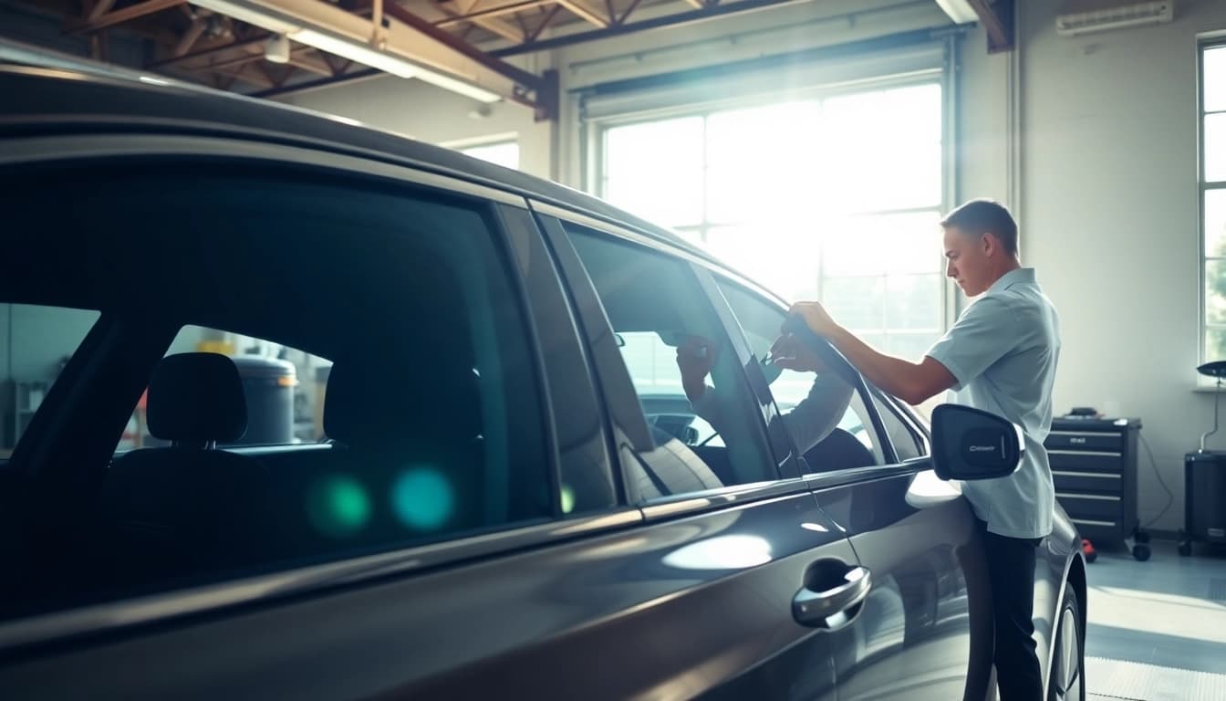 Enhance your vehicle with window tint Chattanooga, showcasing a technician applying premium tint in a garage.