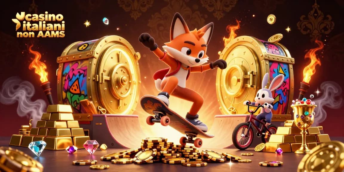 Scena di casinò italiani non AAMS con una volpe e un coniglio animati in 3D tra elementi di chip dorati.
