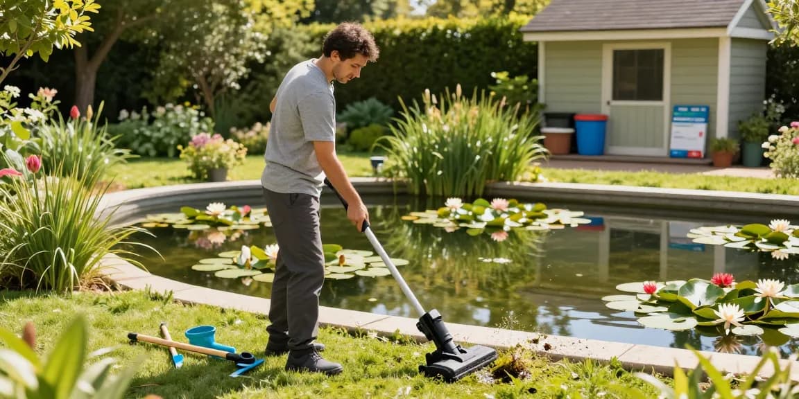 Pond Clean Kent services in action, showcasing a professional cleaning a beautiful garden pond surrounded by greenery.