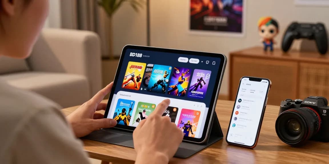 Ang user sa bd188 platform, nag-e-explore ng mga laro sa tablet habang nasa cozy living room.