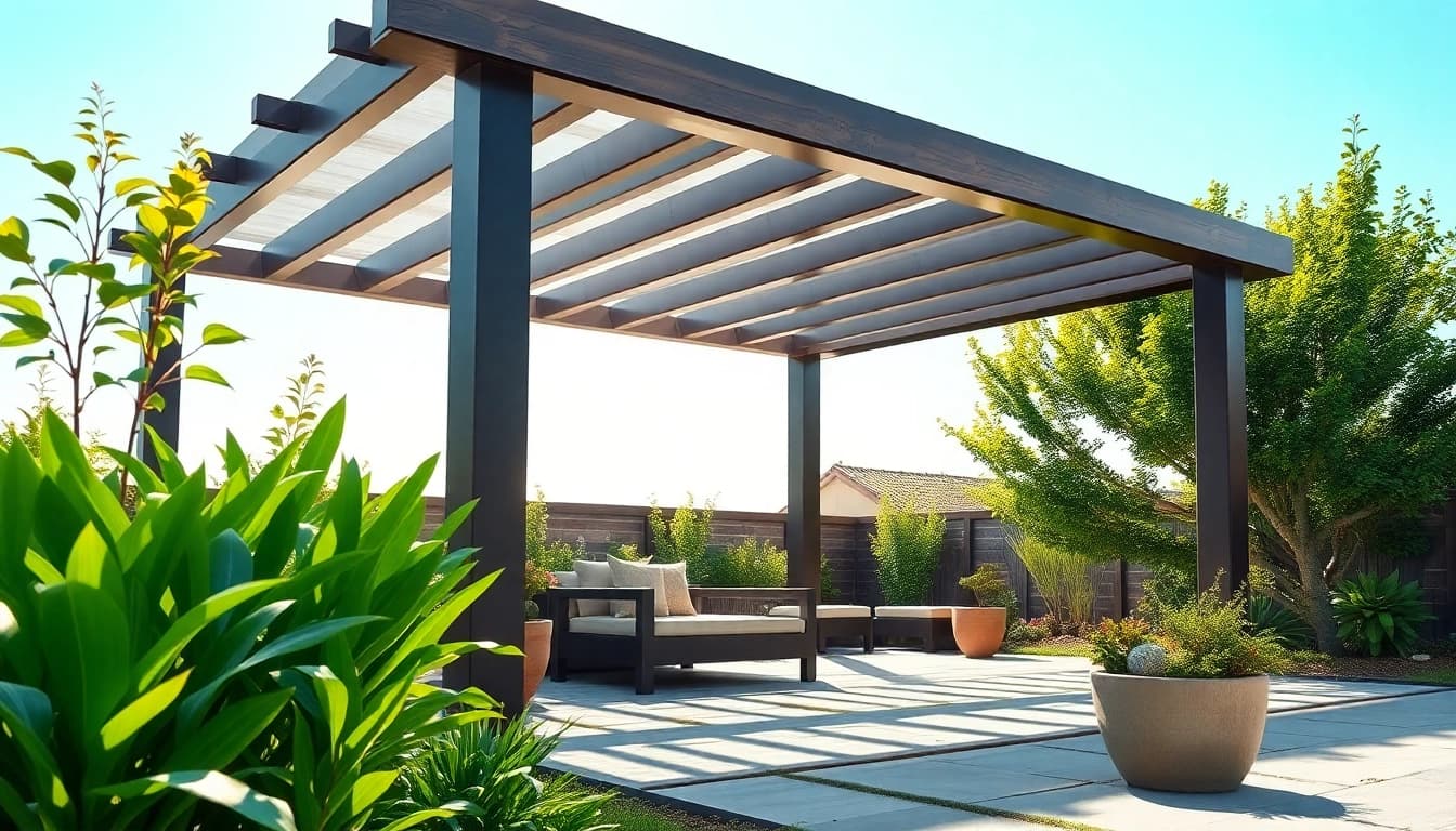 Gestalten Sie Ihre Terrassenueberdachung Ungarn mit eleganter und moderner Pergola in einem schoenen Garten.