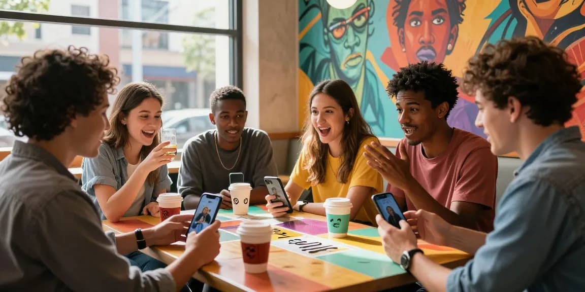 Friends engaging in a lively "smash or pass" game while enjoying coffee at a vibrant café table.