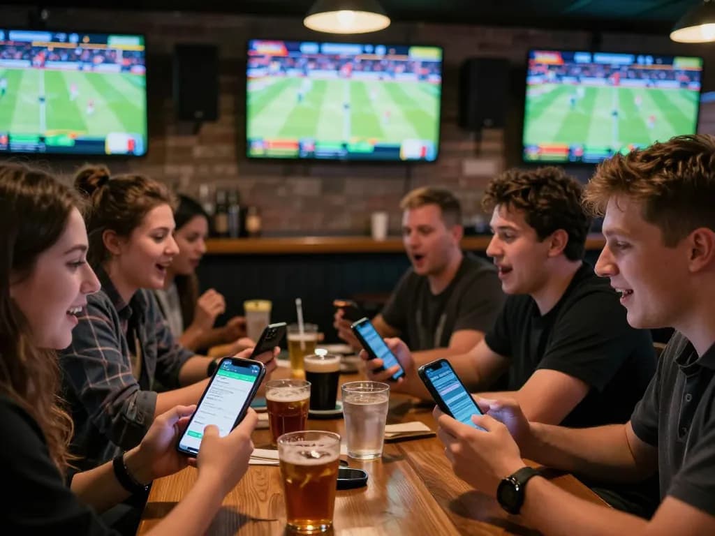 Engaged patrons at nhà cái 388bet sports betting, analyzing live odds and cheering during matches.