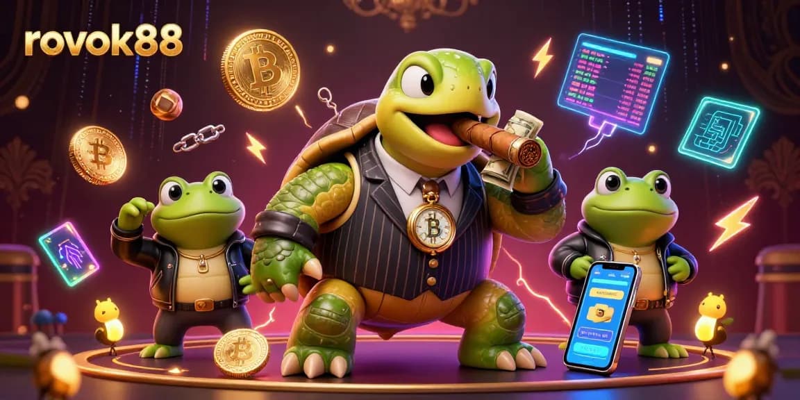 Experience thrilling action with rokok88 in a vibrant, detailed casino scene featuring a snapping turtle and bullfrog enforcers.