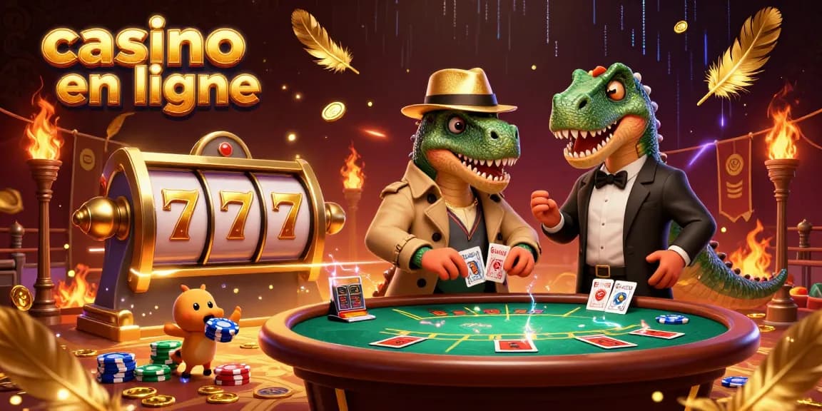 Découvrez des jeux captivants dans un casino en ligne où un velociraptor tente de gagner au blackjack.