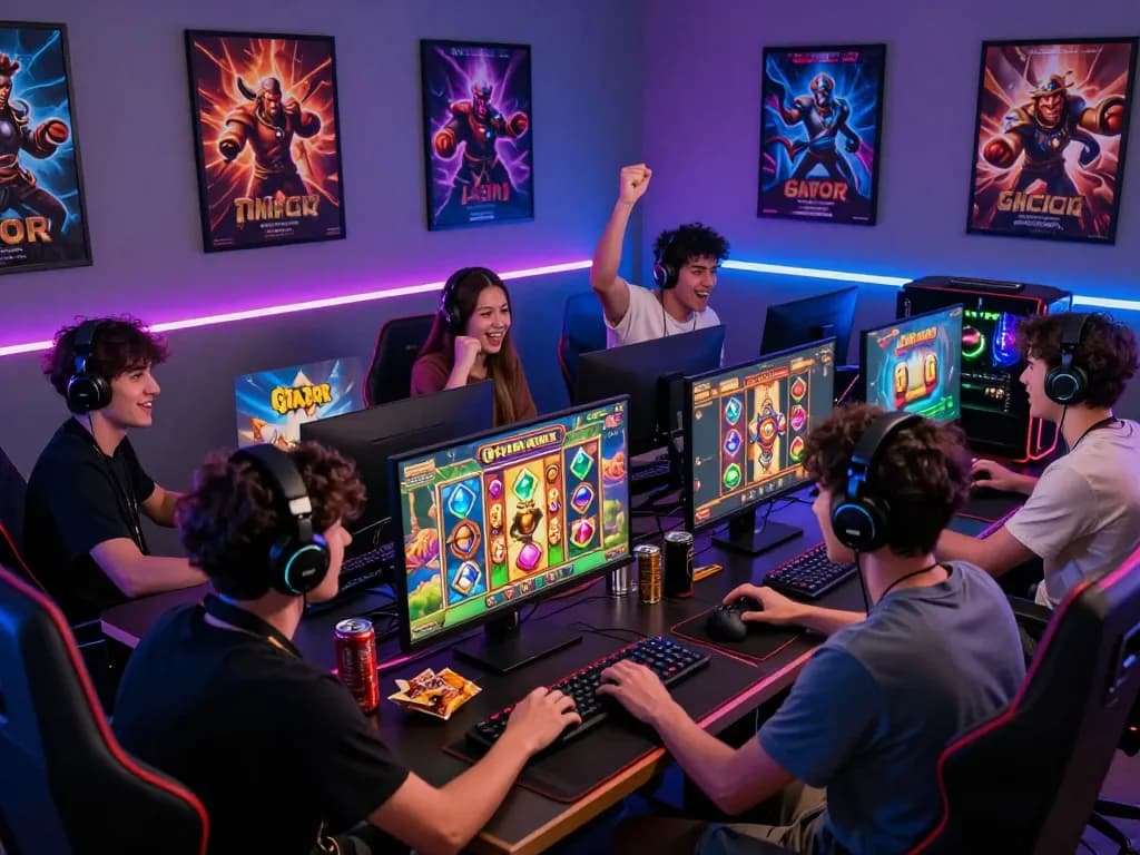 Para gamer bersemangat bermain slot gacor hari ini di ruang permainan yang hidup dengan lampu dan dekorasi berwarna-warni.