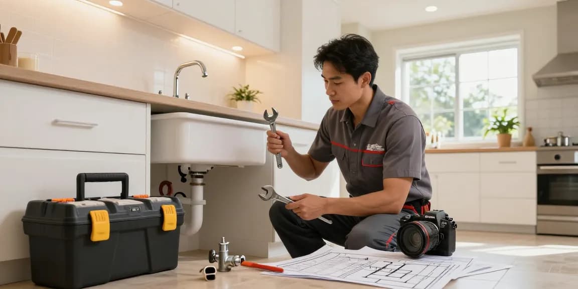 Professional plumber near me adjusting kitchen plumbing under sink in bright, inviting home.