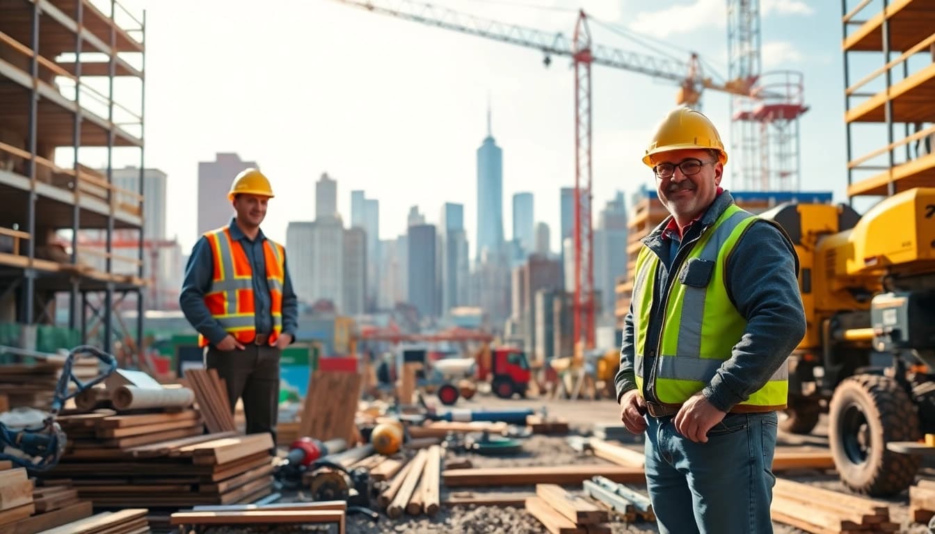 Manhattan General Contractor overseeing construction work with safety equipment in a vibrant city setting.