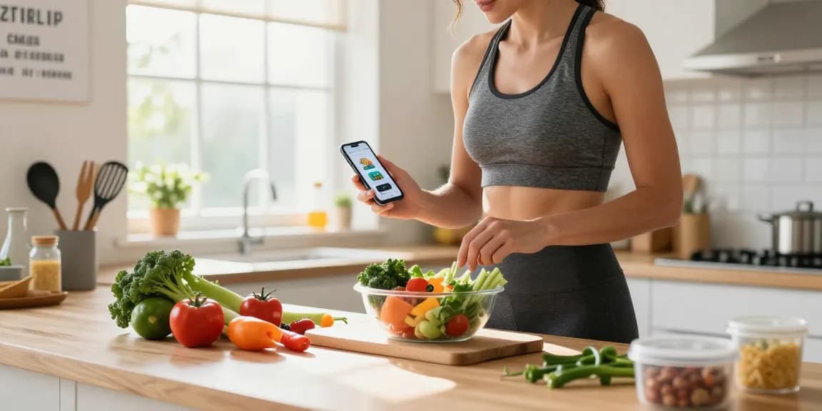 Using the best weight loss app, a person tracks nutrition while preparing a healthy meal in a modern kitchen.
