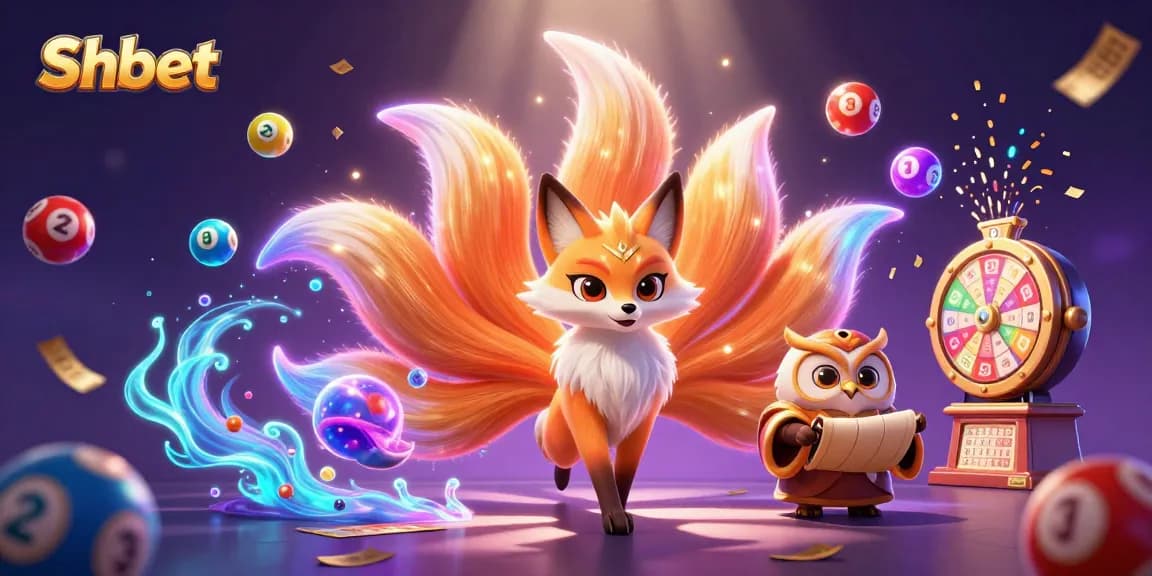 Experience excitement at Shbet with a vibrant illustration of a magical lottery game scene featuring a fox spirit and a wise owl.