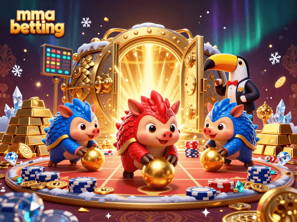 Engage in MMA betting action with playful pangolins bowling through poker chips.