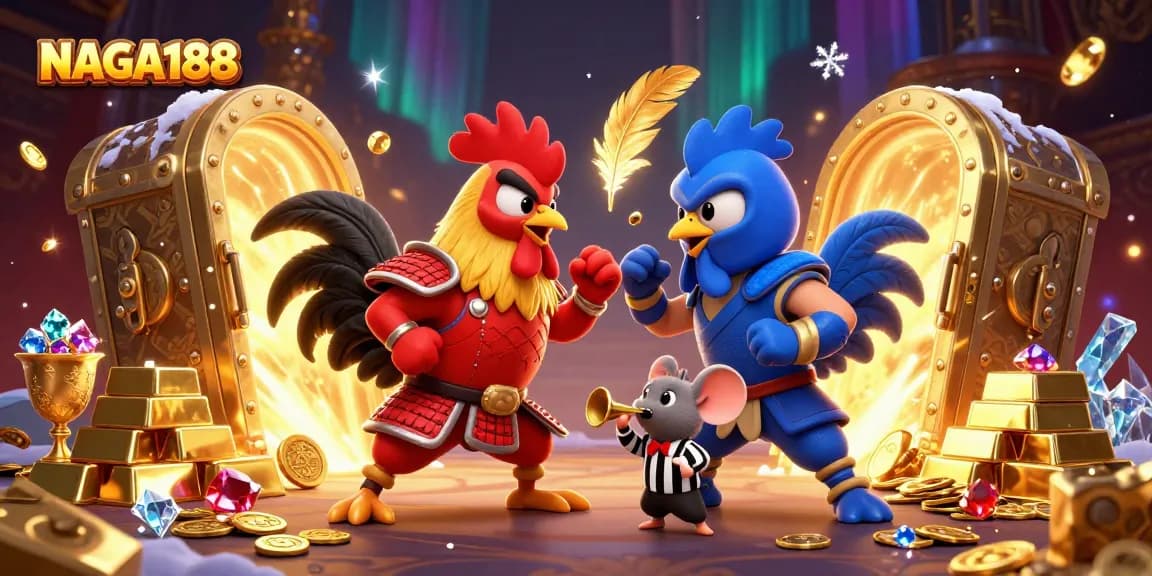 NAGA188 menampilkan pertarungan menarik antara ayam jantan 3D dalam armor samurai merah dan ninja biru.
