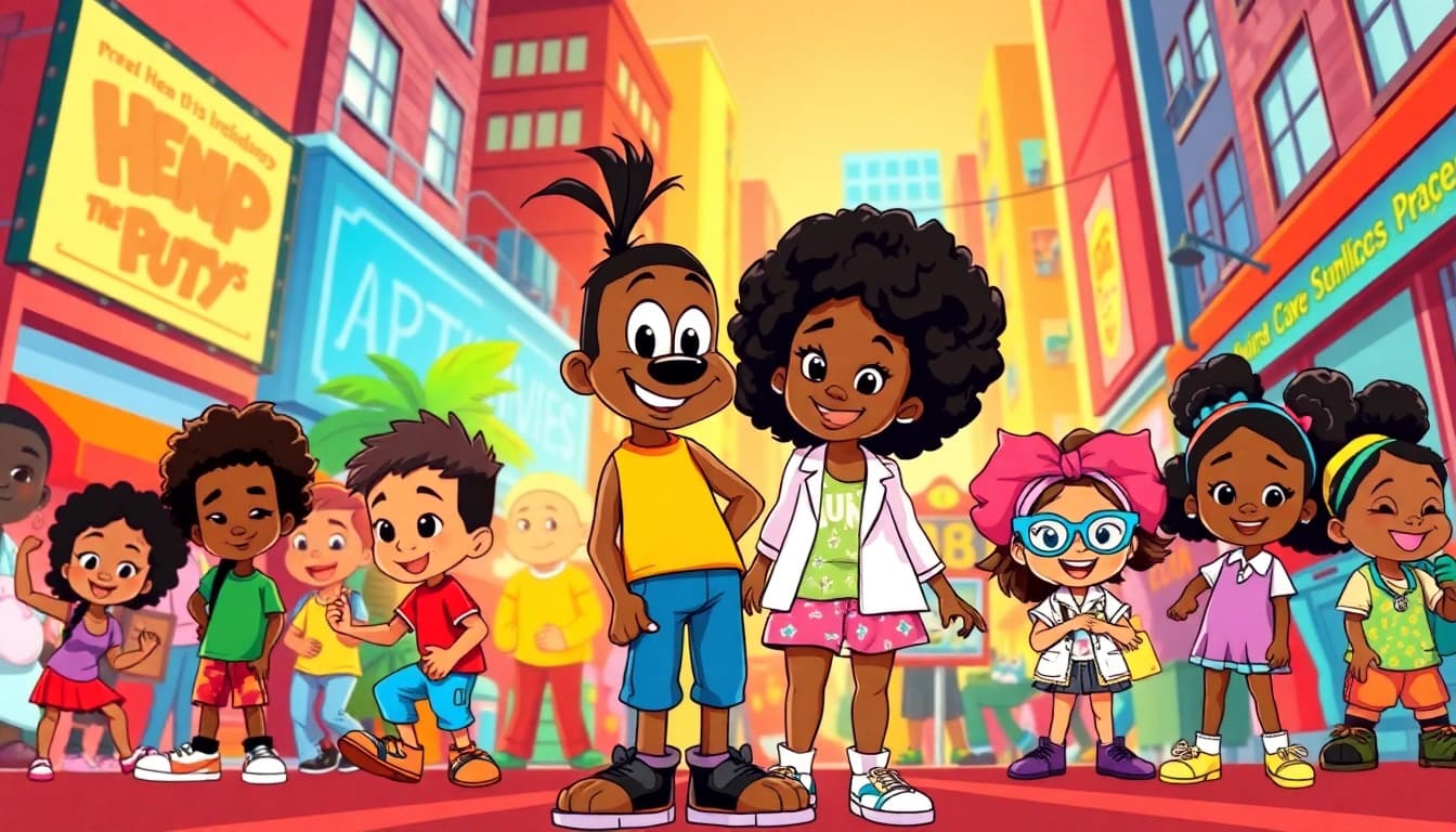 Celebrate African American Cartoons with beloved characters in a vibrant urban scene full of joy and diversity.