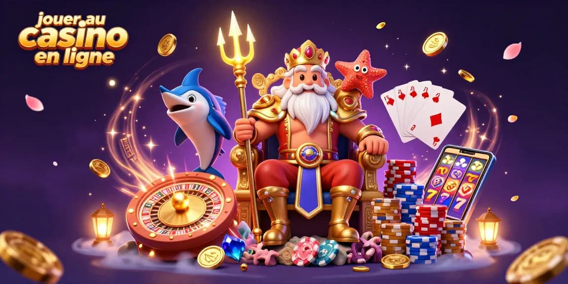 Jouer au casino en ligne avec Neptune et des trésors brillants dans une illustration dynamique