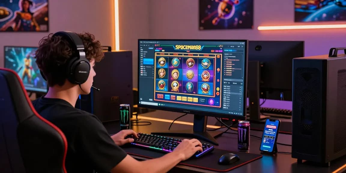 Player enjoying Spaceman88 slot games on a vibrant gaming setup with futuristic elements.