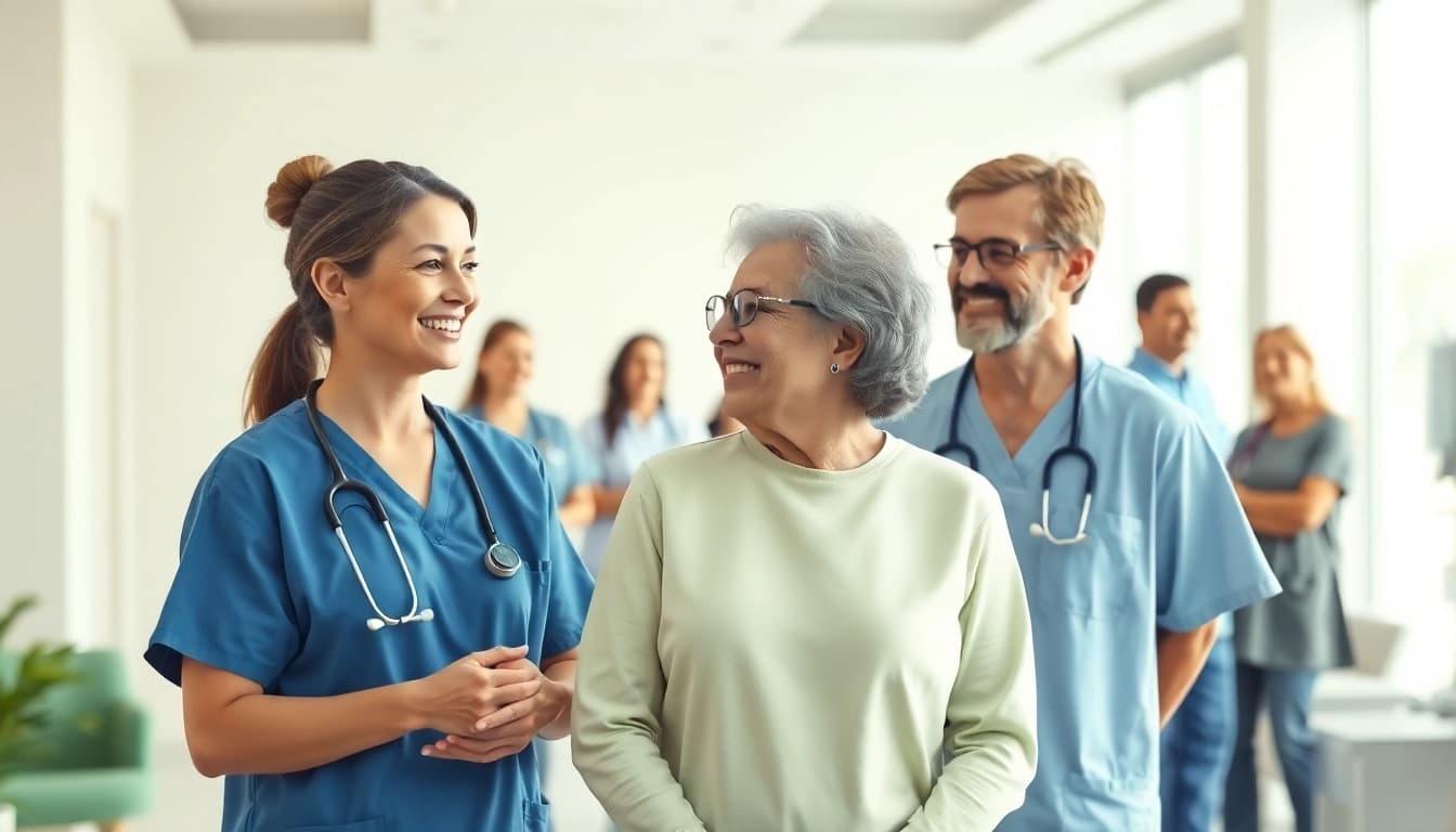 Engaging caregivers demonstrating health support in a modern clinic setting.