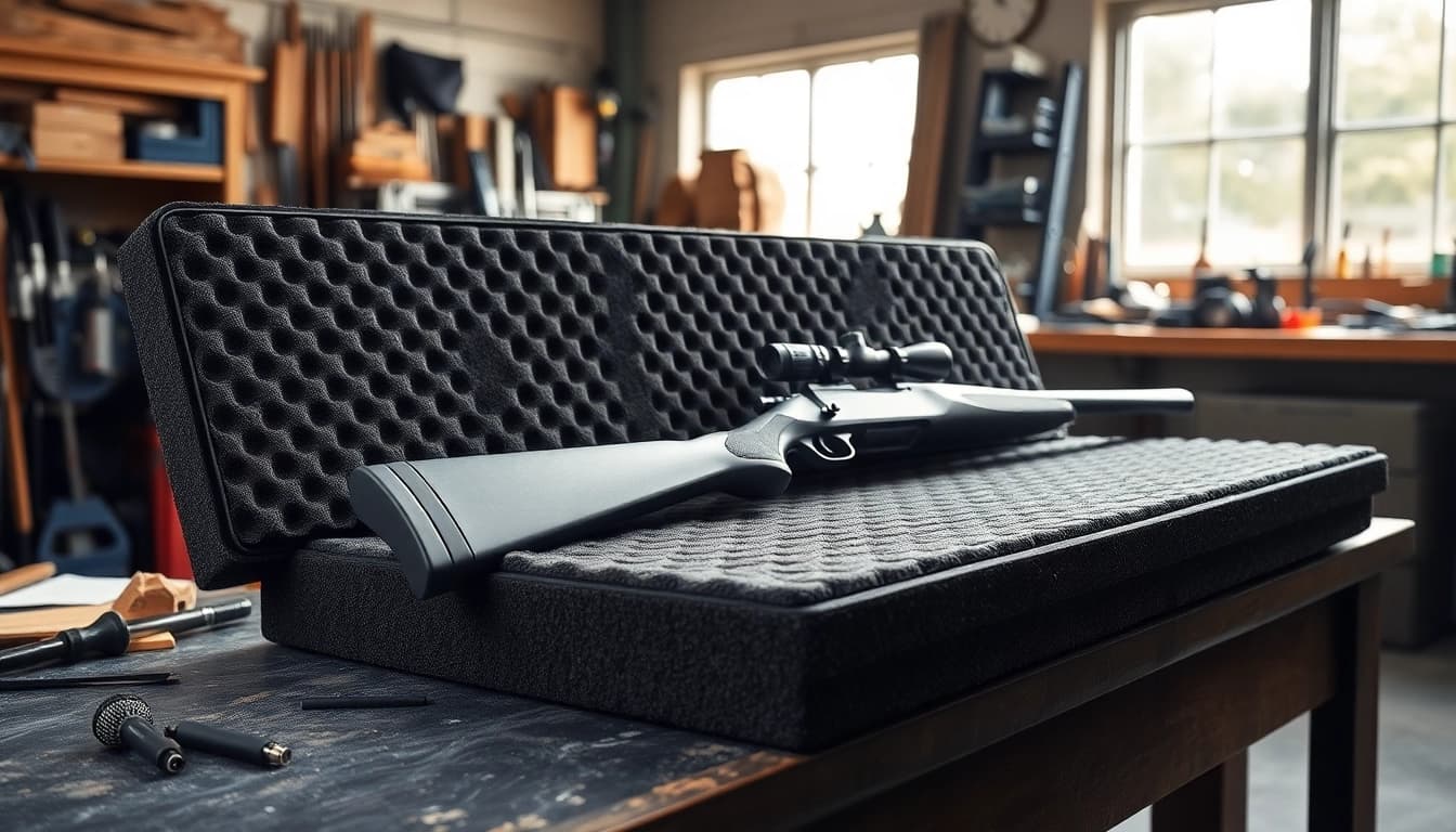 Discover premium foam for rifle case showcasing protective features in a workshop setting.