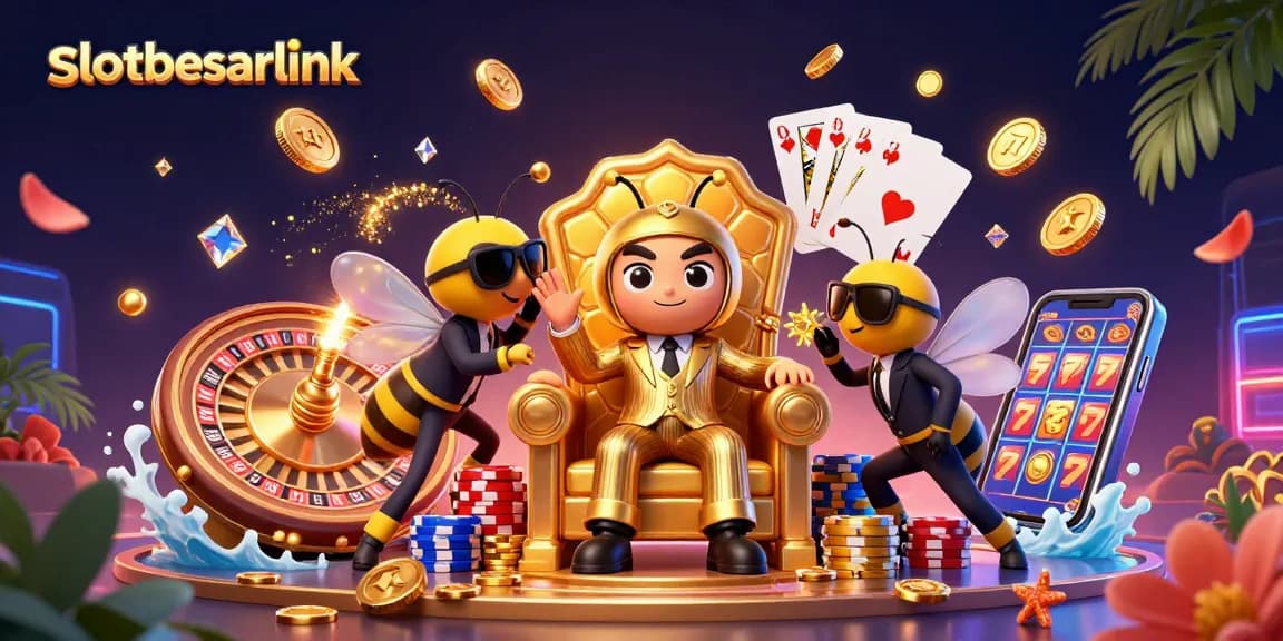 Engage with slotbesarlink's dynamic slots scene, showcasing a bumblebee mob boss amidst casino riches.