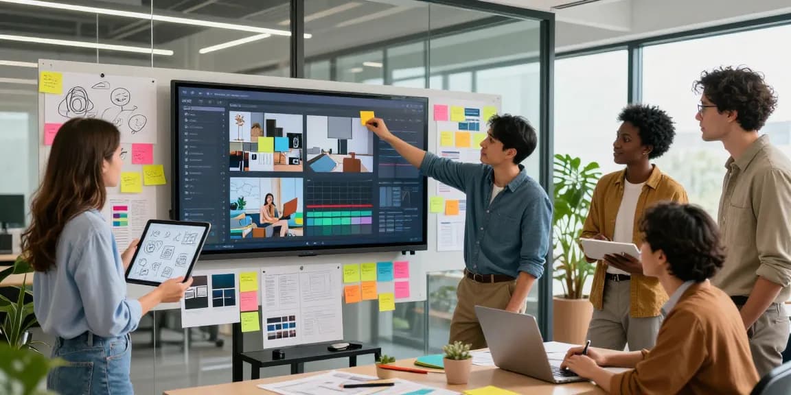 Team collaborating on a digital mixboard in a modern office environment, showcasing creativity.