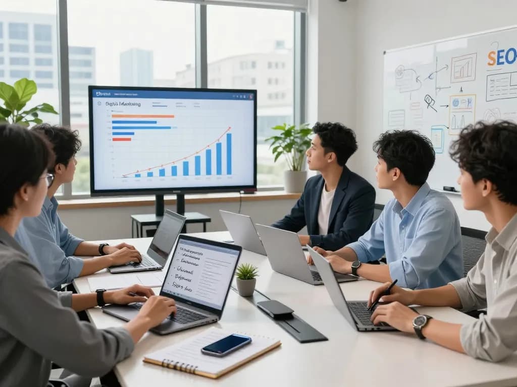 New York SEO Services strategy meeting with team discussing analytics and chart growth metrics.