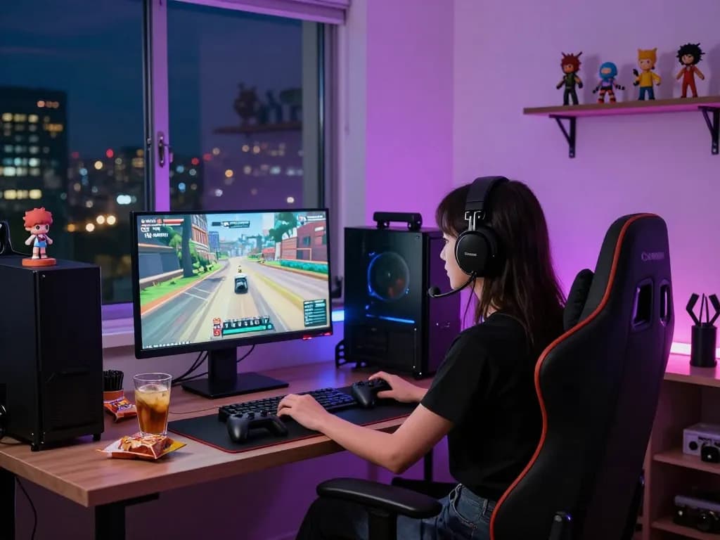 Engaged gamer enjoying Degrees of Lewdity in a cozy gaming setup with city lights.