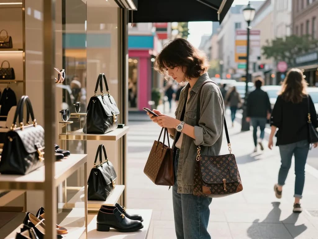 Exploring high-quality 레플리카 사이트 fashion items in a vibrant urban boutique atmosphere.