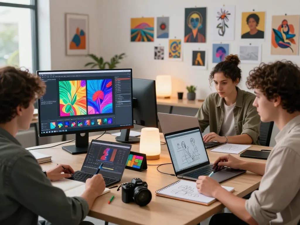 Collaborators using nano banana pro for creative AI image editing in modern studio