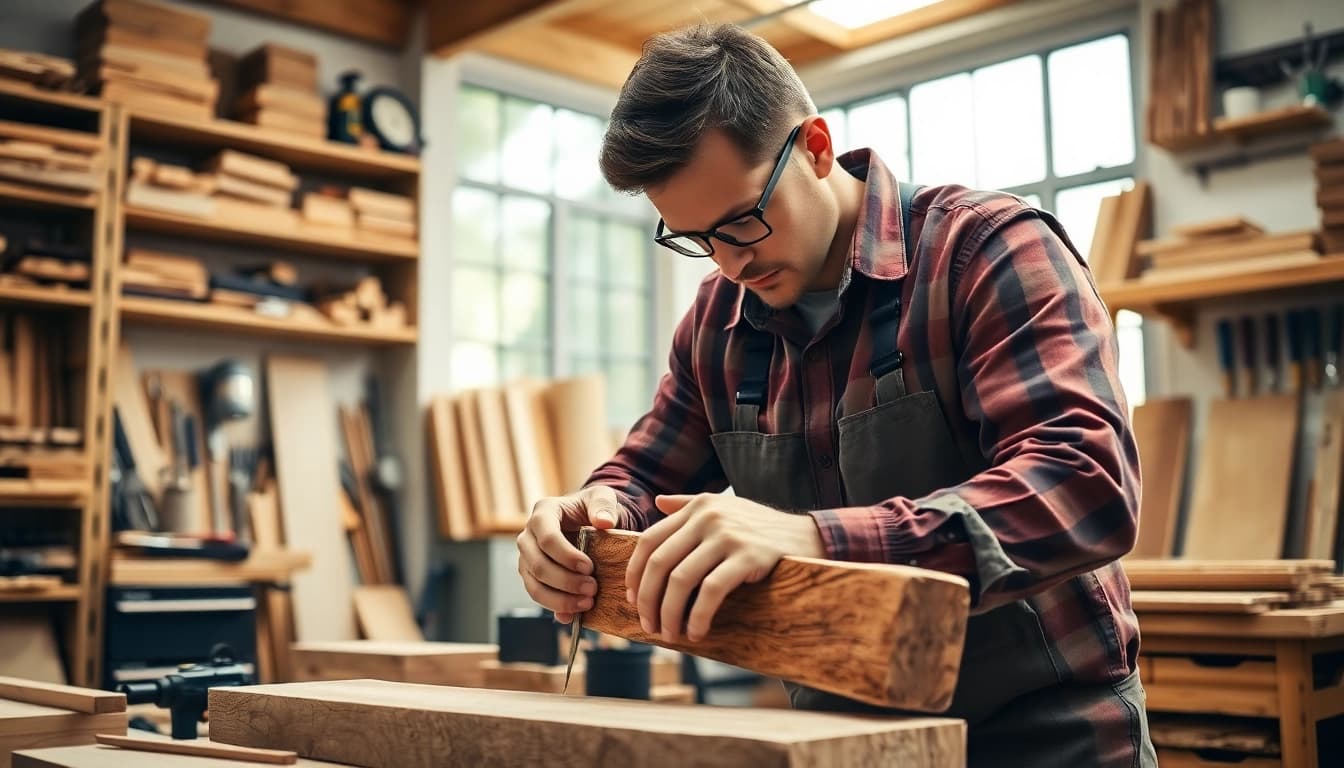 Enhance your skills with a Carpentry Apprenticeship Near Me, featuring a focused carpenter crafting wood.