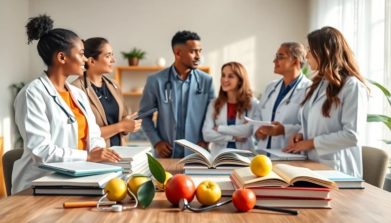Health professionals collaborate in a bright office focused on holistic health solutions.