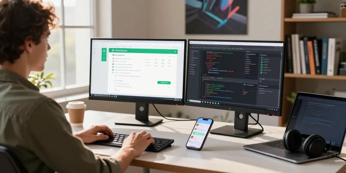 Desktop workspace featuring WhatsApp電腦版 on monitors, reflecting modern communication.