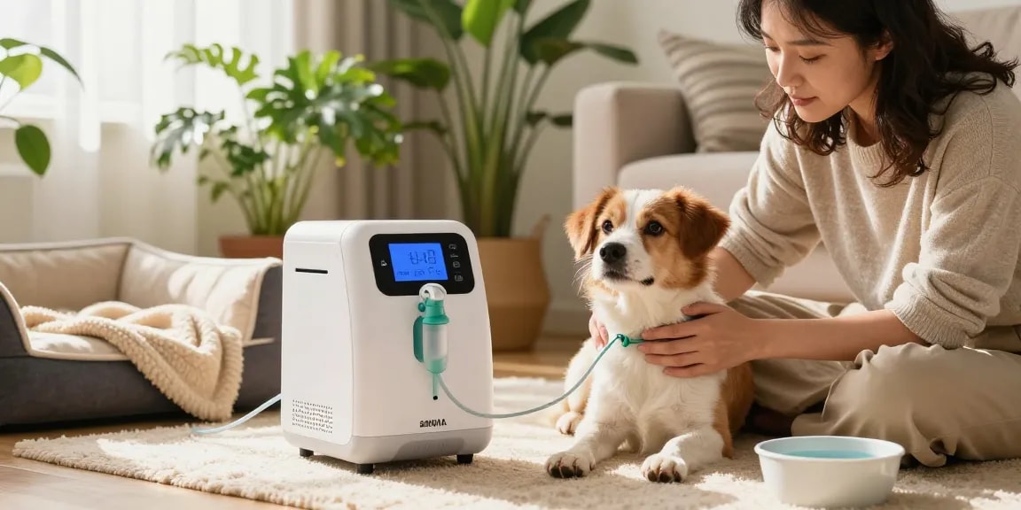 Dog receiving oxygen therapy with 狗狗氧氣機 in a cozy living room, owner providing comfort.