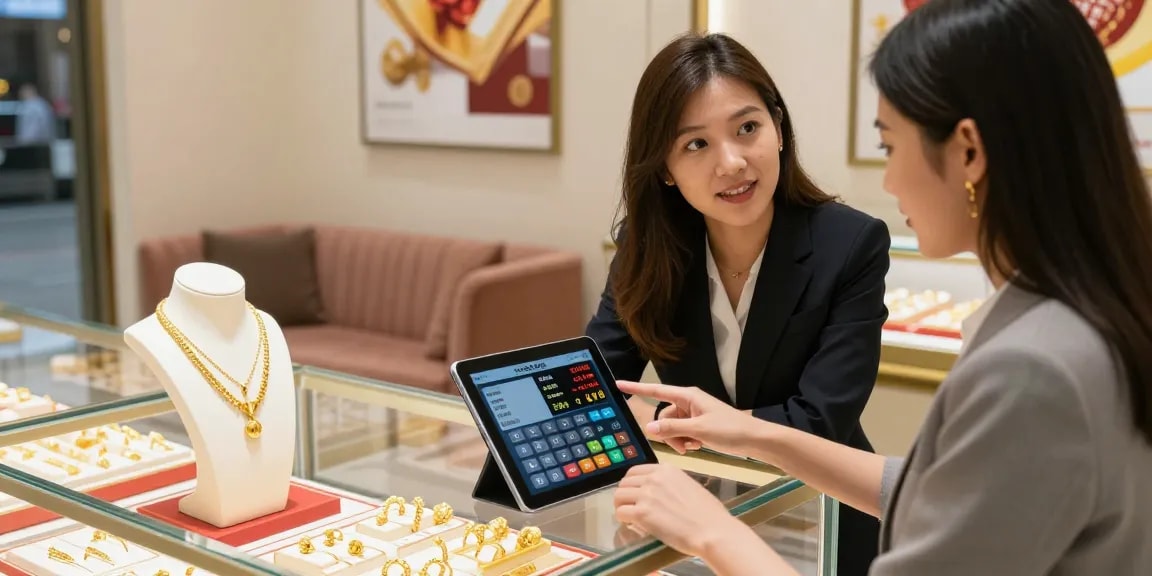 Gold price for today in Malaysia displayed on a tablet in a modern jewelry shop.