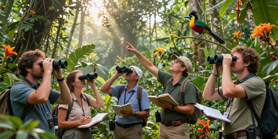 Birdwatchers discovering unique bird species in a tropical rainforest, highlighting "rokok88" essence.