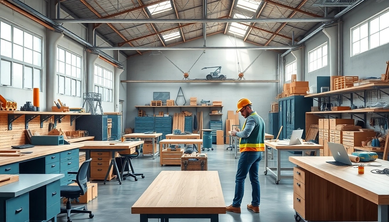Worker assembling muebles de taller Beta in an organized workshop, highlighting safety and efficiency.